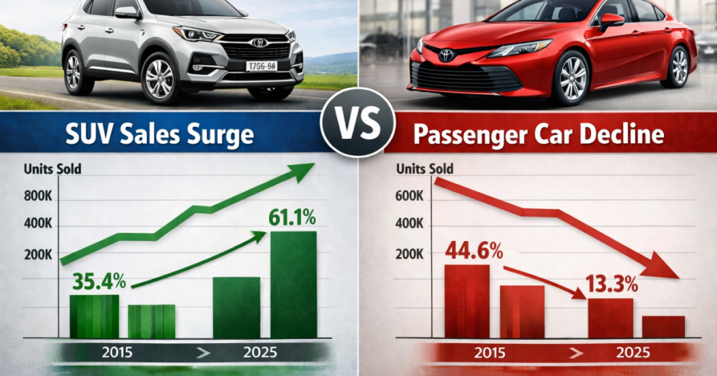SUVs versus cars: The rise and fall of Australia's most popular new vehicle types over the past decade